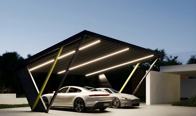 Modern and solar car port protecting a vehicle
